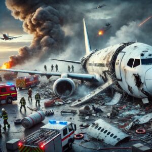 **Blog Title: The New Corporate Travel Experience: A Satirical Take on Turbulent Times**Alt text: A chaotic airport scene featuring a wrecked airplane amidst billowing smoke and flames, as emergency responders engage in a dramatic rescue operation. This surreal depiction humorously illustrates the absurdity of modern corporate travel challenges, emphasizing the unpredictable nature of flying in today's world.