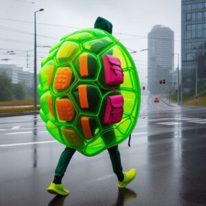 A person walks on a rainy street wearing a vibrant, oversized turtle shell backpack in green, orange, and pink. The scene captures modern architecture in the background, showcasing a unique blend of street fashion and urban environment on a wet day.