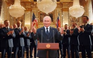 "Vladimir Putin standing at a podium with microphones in a grand hall, surrounded by applauding officials. The background features chandeliers and flags of the USA and Russia, with confetti falling in celebration. The scene captures a moment of political significance."